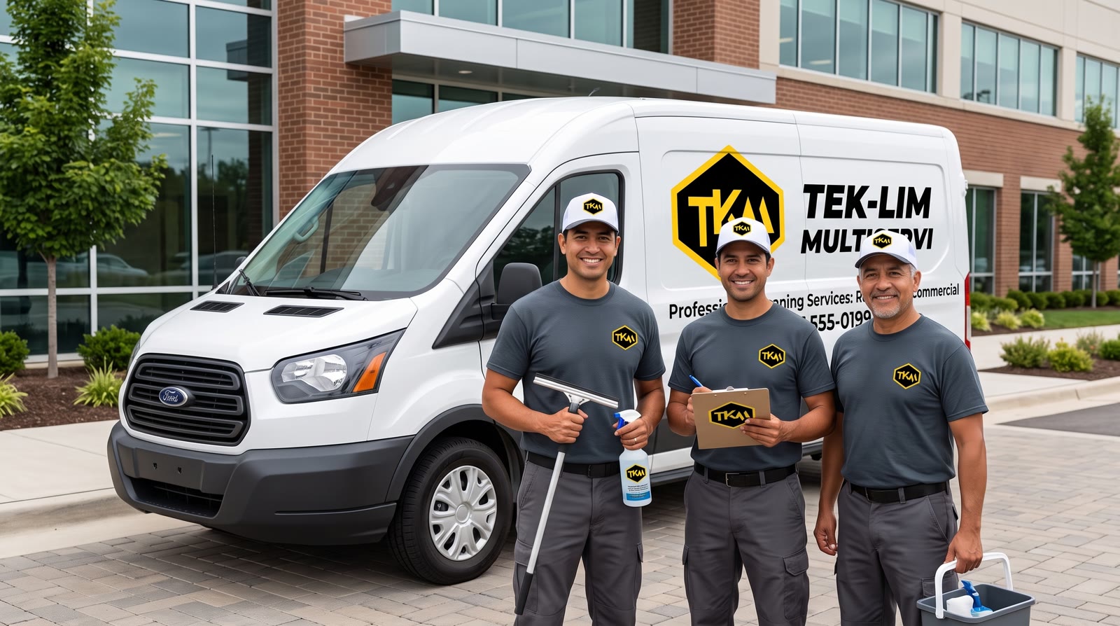 Equipo de TEK-LIM frente a la camioneta rotulada